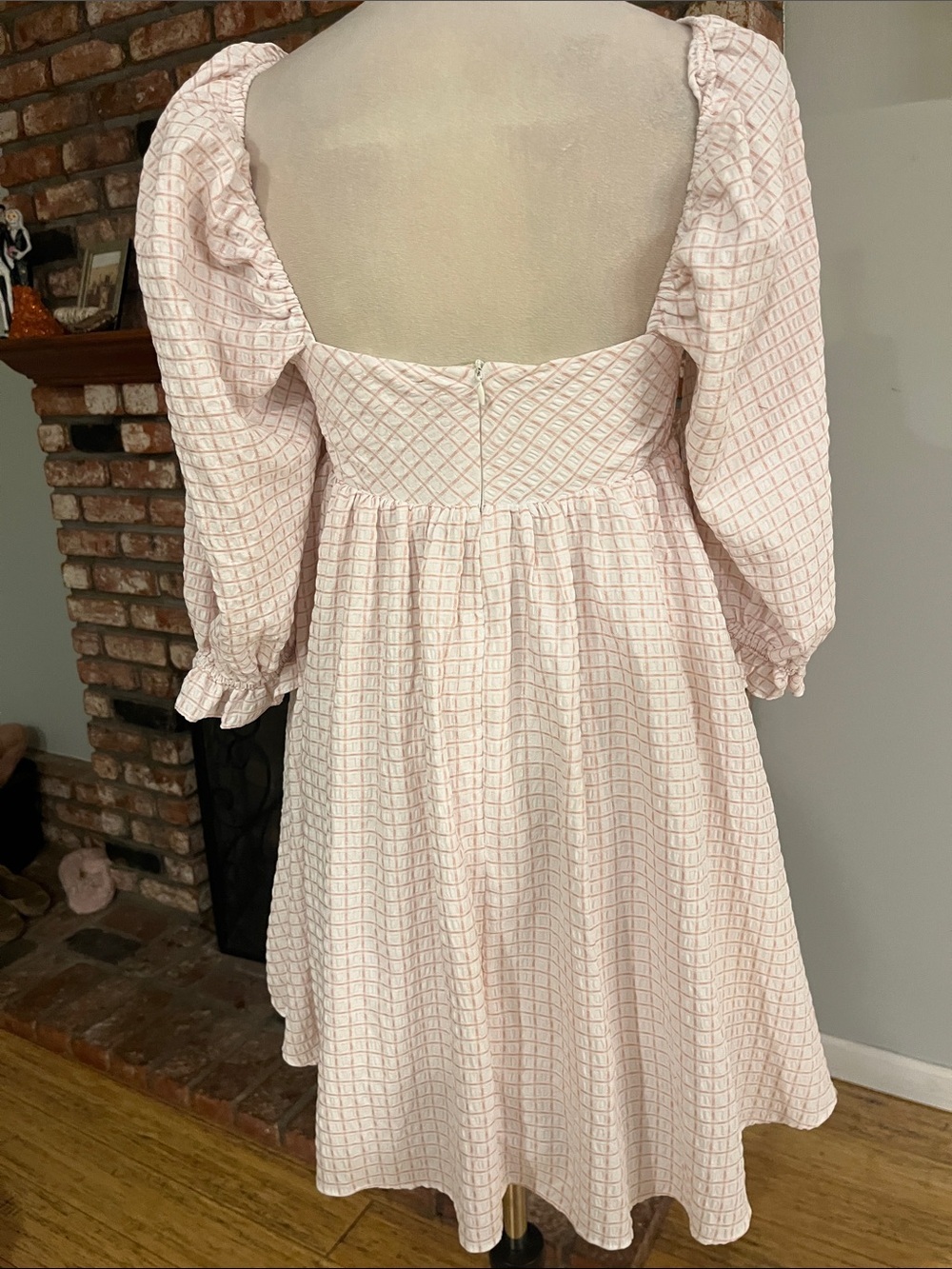 Storia Square Neck Long Sleeve Pink Check Babydoll Dress - Picture 5 of 6